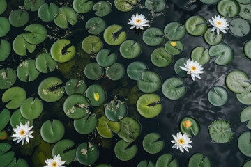 Top view of water Lillies on a lake, created with Generative AI technology - obrazy, fototapety, plakaty