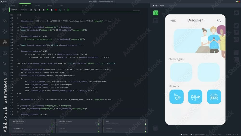 Leinwandbilder Dark Programming Interface for Mobile Applications UX, UI Development With Lines of Code Running. Coding Process Behind Food Delivery App Design. Template for Desktop Computer Displays and Laptops.