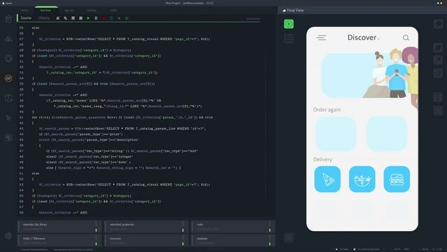 Dark Programming Interface for Mobile Applications UX, UI Development With Lines of Code Running. Coding Process Behind Food Delivery App Design. Template for Desktop Computer Displays and Laptops.