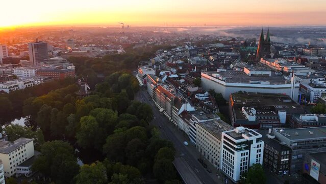Bremen, Germany. Aerial View on Historical Center of Bremen, Marktplatz at Sunrise.