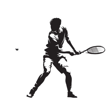 Tennis player backand shot, isolated vector silhouette. Tennis logo