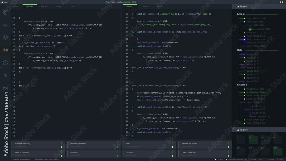 Leinwandbilder Developer Software Code Mock-up with Generic Programming Language. Dark Interface with Multiple Windows Shows Coding Process, Debugging. Night Mode Template for Computer Displays and Laptop Screens.
