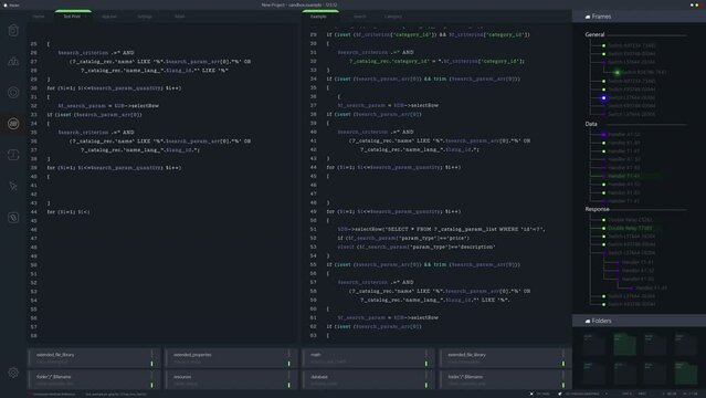 Developer Software Code Mock-up with Generic Programming Language. Dark Interface with Multiple Windows Shows Coding Process, Debugging. Night Mode Template for Computer Displays and Laptop Screens.