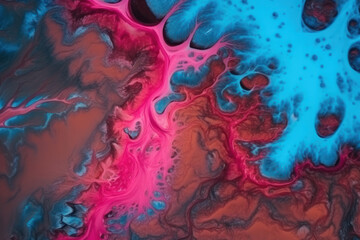 Aerial top view of incredible pink hot volcanic magma flowing on a cold blue glacier, created with Generative AI technology