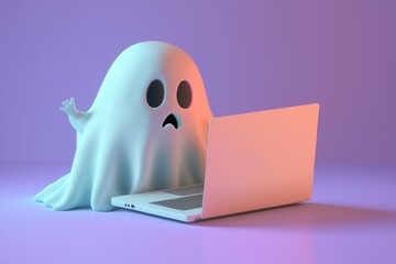 Сute and friendly ghost working on a laptop against pastel purple background. Isolated.