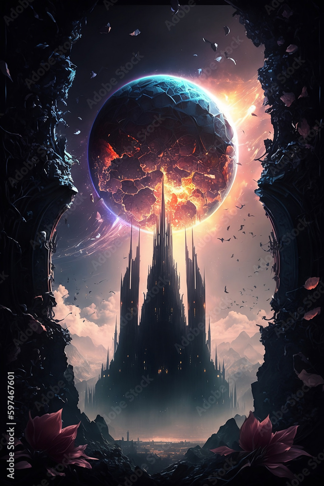 Wall mural fantasy castle with a full moon in the background generative ai