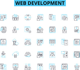 Web development linear icons set. HTML, CSS, JavaScript, PHP, Python, Ruby, TypeScript line vector and concept signs. React,Angular,Vue outline illustrations Generative AI - obrazy, fototapety, plakaty