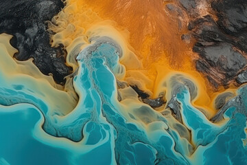 Aerial top view of incredible yellow hot volcanic magma flowing on a cold blue glacier, created with Generative AI technology