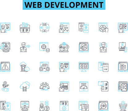 Web development linear icons set. HTML, CSS, JavaScript, PHP, Python, Ruby, TypeScript line vector and concept signs. React,Angular,Vue outline illustrations Generative AI