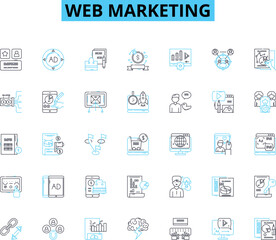 Web marketing linear icons set. SEO, PPC, Content, Analytics, Social, Strategy, Conversion line vector and concept signs. Branding,Email,Mobile outline illustrations