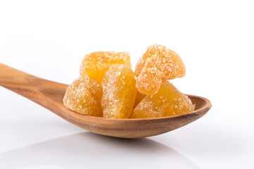 heap of sweat Candied ginger isolated on white