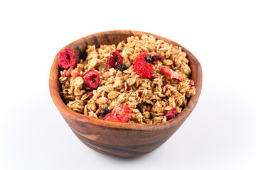 Muesli oat cereals close up background with dry fruits