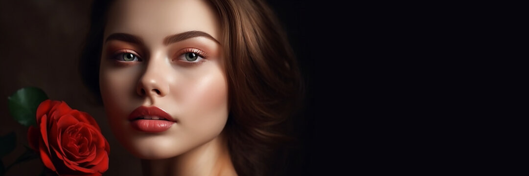 model , Beautiful girl with a rose. Perfect woman face makeup close up, generative ai tools