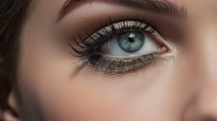 Single eye with shimmering silver eyeshadow. AI generated