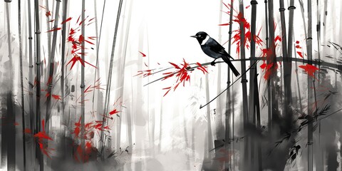 AI Generated. AI Generative. Illustration of asian china japan plant bamboo with bird. Peace mind clear calm vibe. Graphic Art