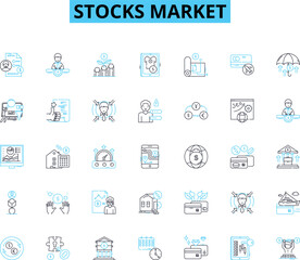Stocks market linear icons set. Investment, Trading, Portfolio, Dividend, Dow, Bullish, Bearish line vector and concept signs. Volatility,Blue-chip,Market outline illustrations