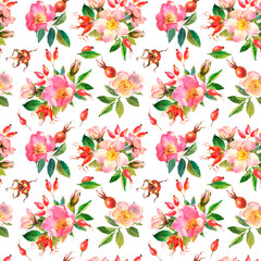 Watercolor illustration. Seamless pattern of rose hips flowers, leaves, berries on a white background. Seamless design of ripe rose hips for fabric, paper, printing.