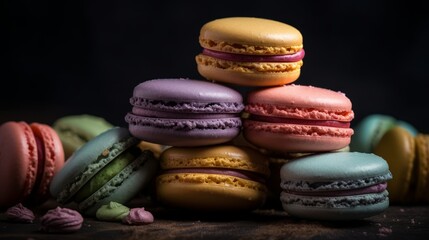 A stack of colorful macaroons with delicate piping. AI generated