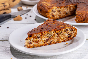 Skillet roasted chocolate chips cookie cake. Giant american cookie with chocolate chips baked on frying pan