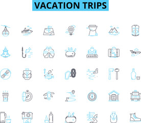 Vacation trips linear icons set. Adventure, Relaxation, Exploration, Nature, Scenery, Culture, Sunbathing line vector and concept signs. Waterfall,Leisure,Beaches outline illustrations