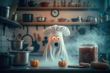 Fotobehang Сute and funny ghost wearing a chef hat, cooking in the kitchen. © Eugene Verbitskiy