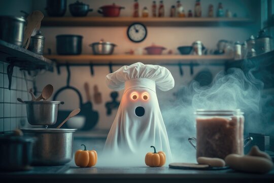 Сute and funny ghost wearing a chef hat, cooking in the kitchen.