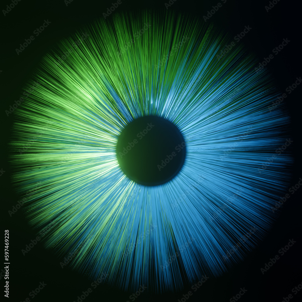 Wall mural Abstract visualization of an eye with green blue retina and iris as conceptual background for science and research or futuristic wallpaper with copy space for text