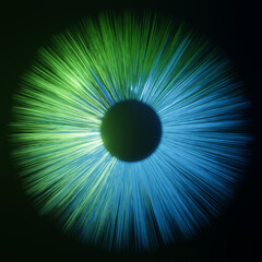 Abstract visualization of an eye with green blue retina and iris as conceptual background for science and research or futuristic wallpaper with copy space for text