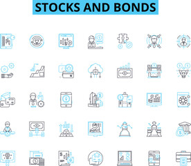 Stocks and bonds linear icons set. Asset, Dividend, Portfolio, Securities, Yield, Trading, Investment line vector and concept signs. Equity,Buy,Sell outline illustrations