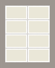 Postage stamps set includes collector post stamp template. Empty sale coupons with perforated borders. Collection paper postmarks and postal stickers, used for mailing letters. Vector illustration.