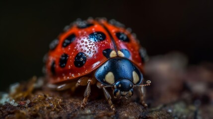 A zoomed in portrayal of a ladybugs spotted shell. AI generated