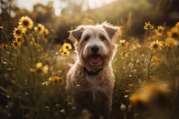 Close up image of a dog in a field of flowers Generative AI