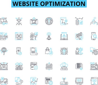 Website optimization linear icons set. Analytics, Conversion, Keywords, Content, Rankings, Meta, Caching line vector and concept signs. Traffic,Linking,Mobile outline illustrations