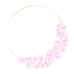 Okrągła złota ramka ślubna z dekoracyjnymi różowymi kwiatami