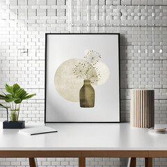 Wooden Frame Mockup in a White Minimalistic Room, Photo Or Print Presentation, Contemporary Style, 3D Illustration, Generative AI Technology