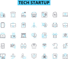 Tech startup linear icons set. nnovation, Disruption, Automation, Advancement, Connectivity, Breakthrough, Cybersecurity line vector and concept signs. Digitalization, Analytics, Cloud outline
