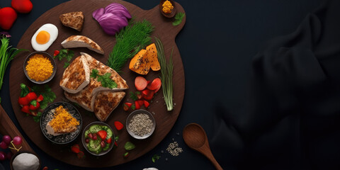 Savor The Flavor: A Delicious Spread Of Food On A Wooden Platter With Spoons On A Dark Surface, Perfect For Food Blogs And Restaurant Menus High - Protein Diet, Healthy Food Generative AI