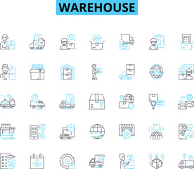 Warehouse linear icons set. Logistics, Distribution, Inventory, Storage, Fulfillment, Pallets, Shipment line vector and concept signs. Loading,Unloading,Crates outline illustrations