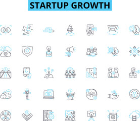 Startup growth linear icons set. Innovation, Scaling, Expansion, Funding, Traction, Marketing, Sales line vector and concept signs. Productivity,Sustainability,Vision outline illustrations
