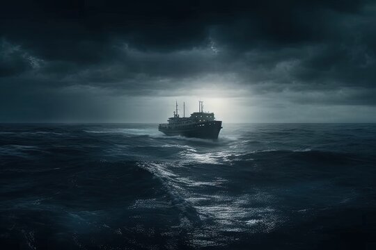 steamship in the dark sea about to drown in bad weather illustration generative ai