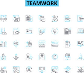 Teamwork linear icons set. Synergy, Collaboration, Unity, Partnership, Harmony, Cohesion, Accomplishment line vector and concept signs. Success,Alliance,Integration outline illustrations
