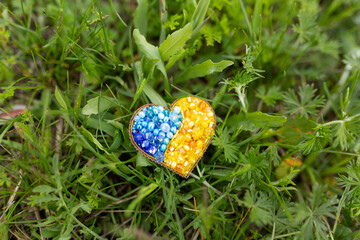 brooch in the form of a yellow-blue heart on a background of grass