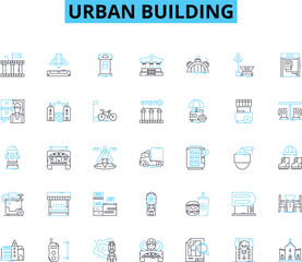 Urban building linear icons set. Skyscraper, Tower, High-rise, Condominium, Apartment, Loft, Penthouse line vector and concept signs. Office,Retail,Mixed-use outline illustrations