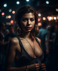 Attractive young woman in club keeping eye contact with you - AI Portrait Photography - obrazy, fototapety, plakaty