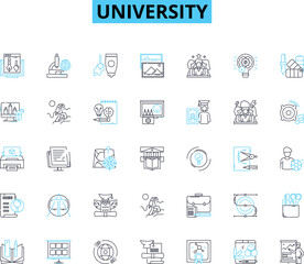 University linear icons set. Academics, Campus, Education, Student, Faculty, Research, Diversity line vector and concept signs. Community,Success,Graduation outline illustrations