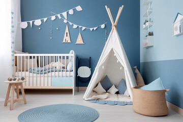 Blue colored baby nursery with cradle and play tent in scandinavian style. Baby boy bedroom. AI generated