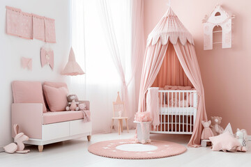 Pink colored baby nursery with cradle and play tent in scandinavian style. Baby girl bedroom. AI generated