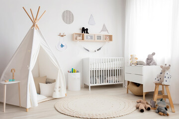 Fototapeta na wymiar Baby nursery with cradle and play tent in scandinavian style. Baby bedroom. AI generated