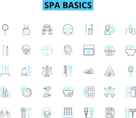 Spa basics linear icons set. Relaxation, Pampering, Massage, Soothing, Aromatherapy, Meditation, Skincare line vector and concept signs. Rejuvenation,Sauna,Wellness outline illustrations