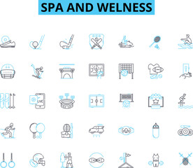 Spa and welness linear icons set. Relaxation, Serenity, Rejuvenation, Tranquility, Bliss, Pampering, Renewal line vector and concept signs. Harmony,Wellness,Meditation outline illustrations